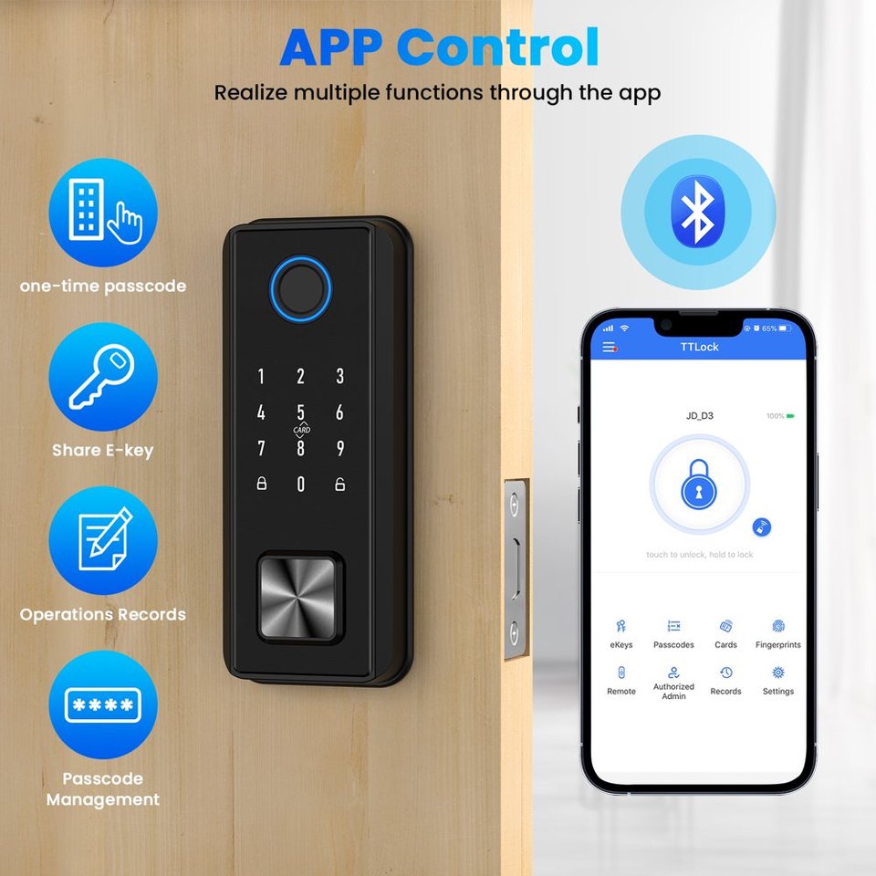 Smart Door Lock, Fingerprint Door Lock, Bluetooth Door Lock, Electronic Deadbolt with Touchscreen Keypad, IP65 Weatherproof, APP - Image 6