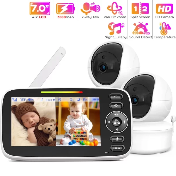 Baby Monitor with 2 Cameras, Split-Screen Video with Audio and Camera - Night Vision, Two-Way Talk