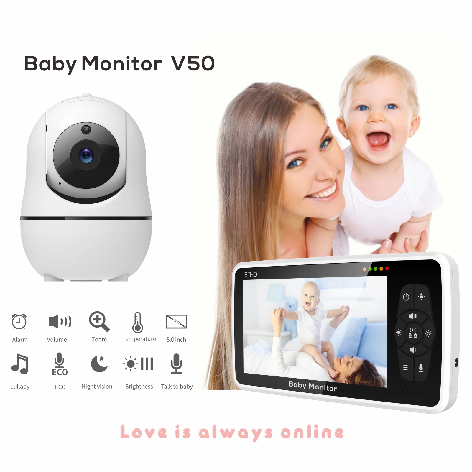 5 inch Video Baby Monitor with Two Camera and Audio, Night Vision, 4X Zoom, 1000ft Range 2-Way Audio Temperature Sensor Lullaby - Image 2