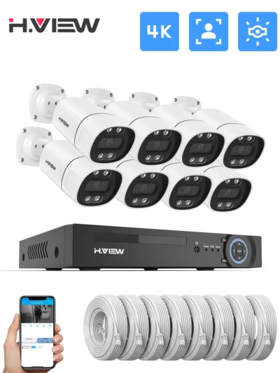 H.View 4K 5Mp 8Mp poe Cctv Security Camera System Home Video Surveillance Kit 8Ch Nvr Audio Outdoor Ip Camera xmeye app