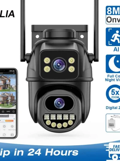 4K 8MP WiFi Surveillance Camera, Dual Lens, 4X Digital Zoom, AI Human Detect, ONVIF, Outdoor Security PTZ IP Cameras
