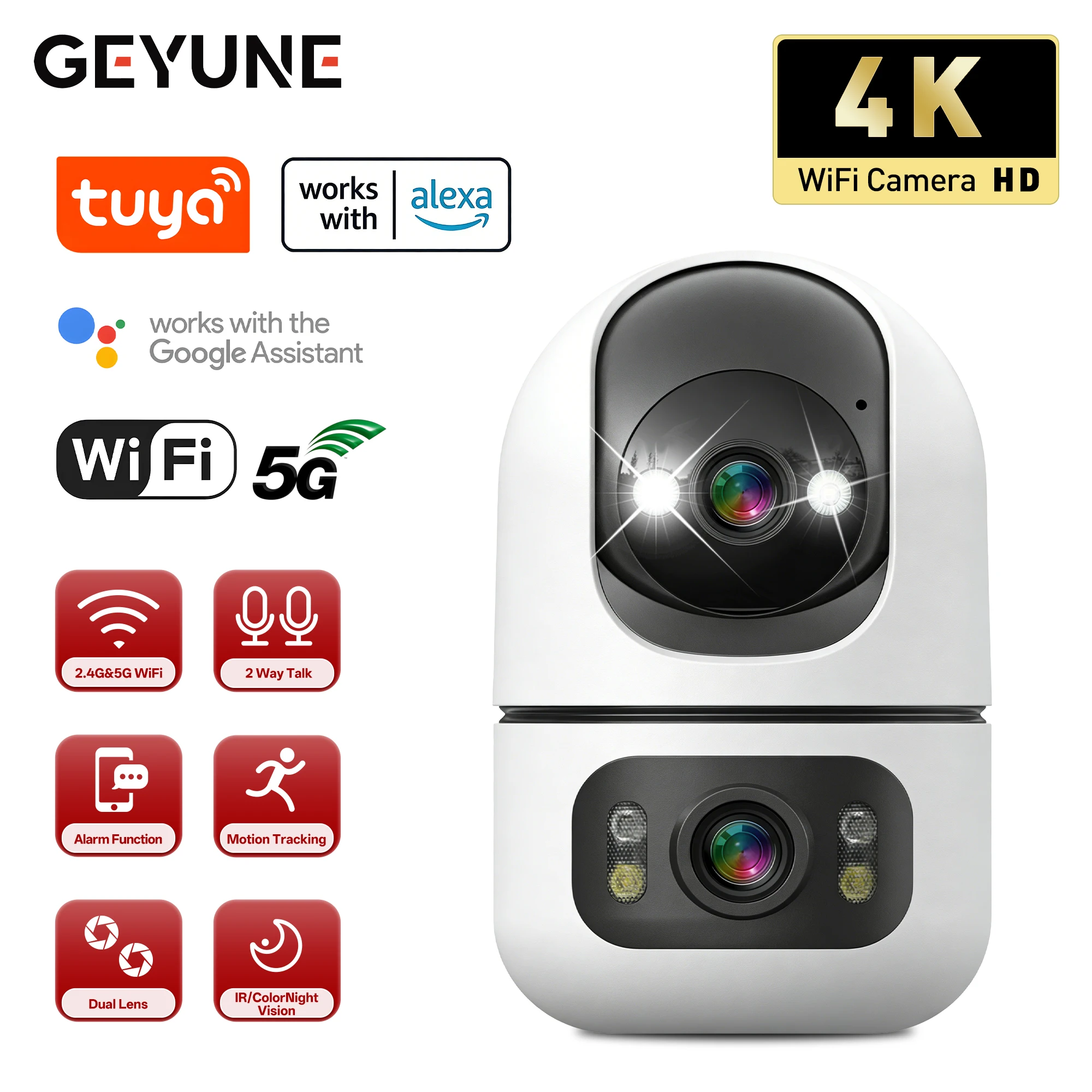 Tuya 5G WiFi Dual Lens Camera Indoor 4K 8MP Home Pet Camera Auto Tracking Baby Monitor Color Night Vision Security Surveillance