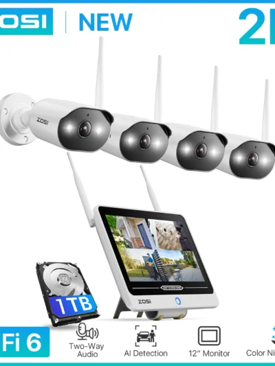 ZOSI 8CH 2K Wi-Fi 6 Security Camera System 12'' LCD Monitor 3MP Plug-in WiFi Surveillance Cams Indoor Outdoor for Home Security