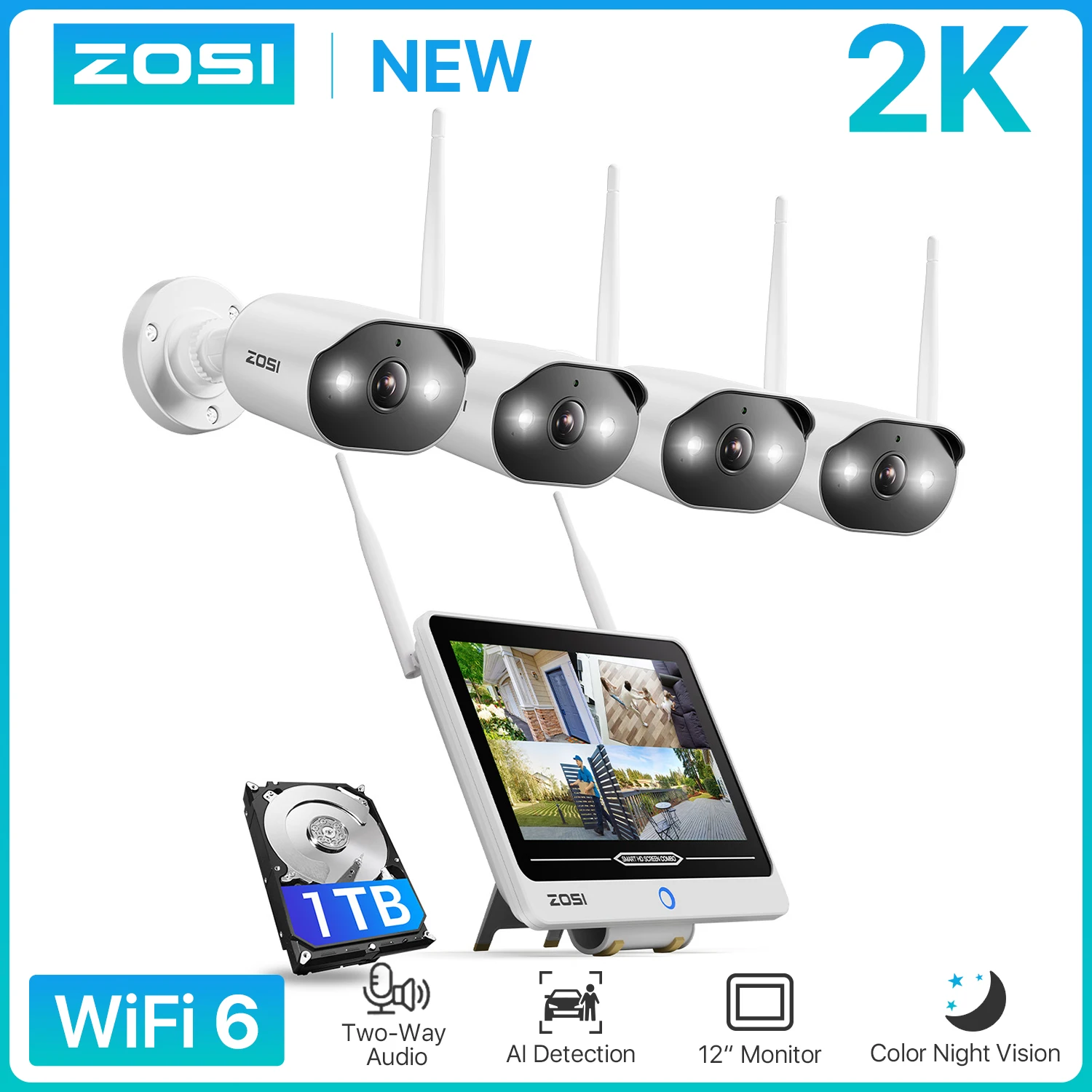 ZOSI 8CH 2K Wi-Fi 6 Security Camera System 12'' LCD Monitor 3MP Plug-in WiFi Surveillance Cams Indoor Outdoor for Home Security