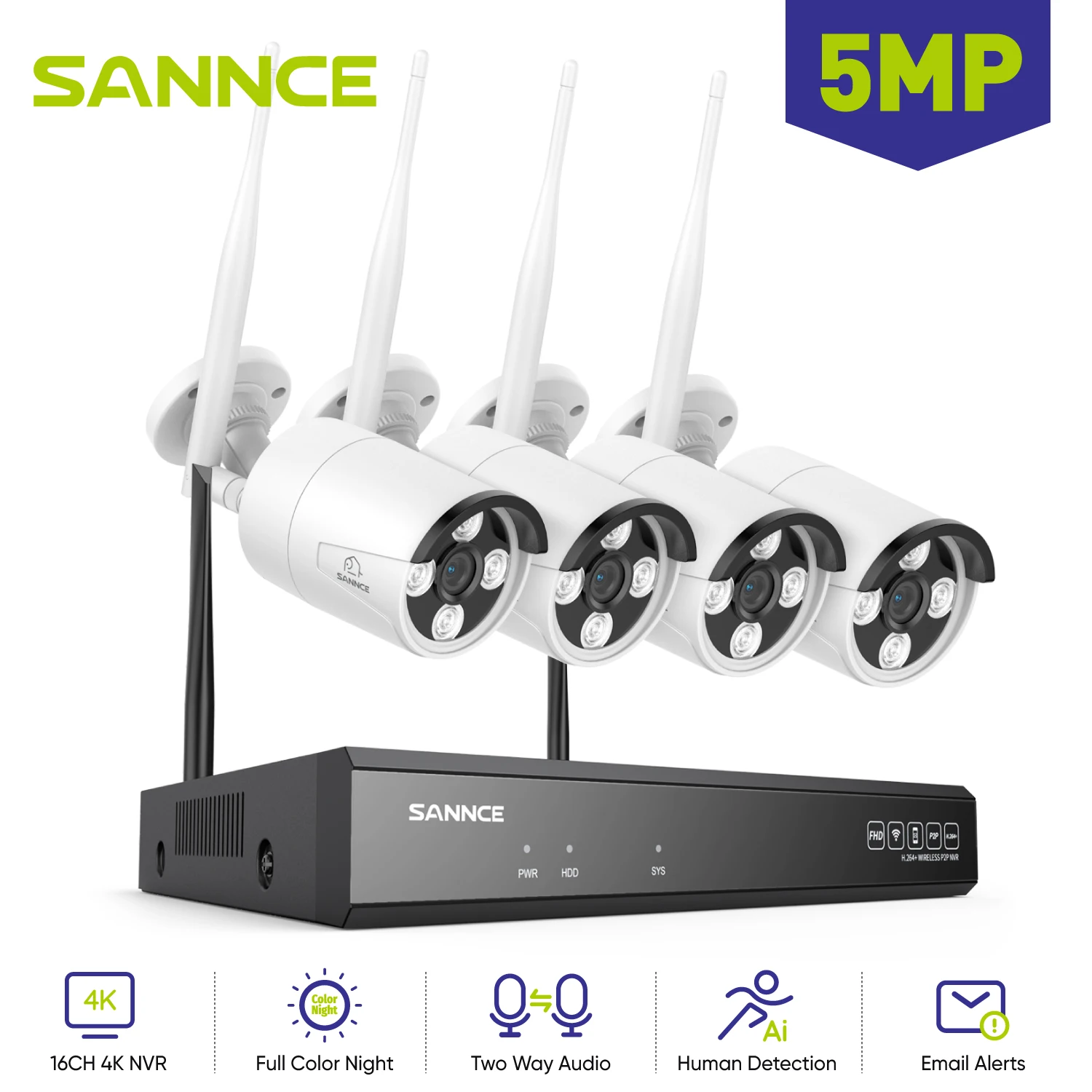 SANNCE 5MP WiFi CCTV System 10CH NVR Two Way Audio Security Camera System Video Surveillance Kit Outdoor Wireless IP Cameras