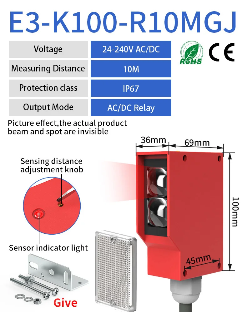 GTRIC Photoelectric Sensor Retro-reflective Square Photoell Infrared Switch IP67 Waterproof 24-220V AC DC Universal 10m Distance - Image 8