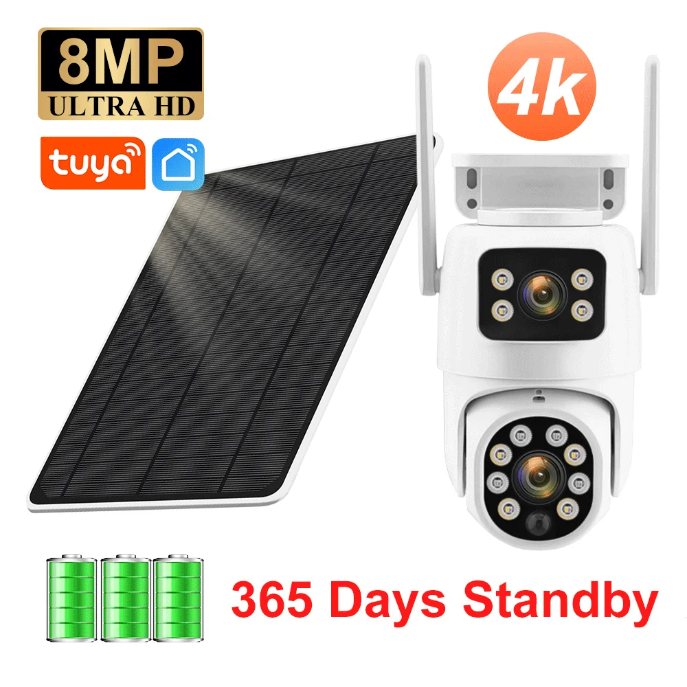Tuya Solar WiFi Outdoor Waterproof Cam PIR Auto Tracking 4K 8MP Dual Len PTZ Smart Camera Security Network Monitor Cam