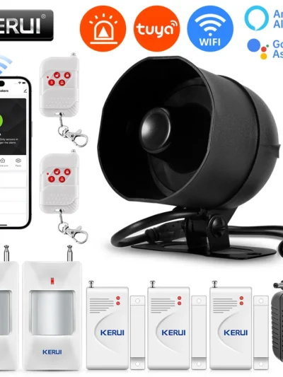 KERUI 120db Siren Alarm System WiFi Tuya Smart Speaker Alarm Kit with Motion Sensor Door Sensor for Home Security Protection