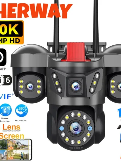 10K 20MP UHD Outdoor WiFi IP Camera Four Len Four Screen 360° 16X Zoom PTZ Security Cam Auto Tracking CCTV Wireless Surveillance