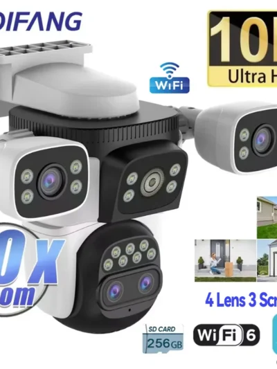 10K WiFi6 Outdoor Camera 20MP 10X Optics Zoom Three Screen Four Len PTZ Automatic Track 6K Dual Lens Waterproof Security CCTV