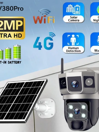 4G Solar Camera HD 12MP 6K Outdoor Triple Screen CCTV Waterproof Night Vision Two-Way Motion Tracking WiFi IP Camera V380 PRO