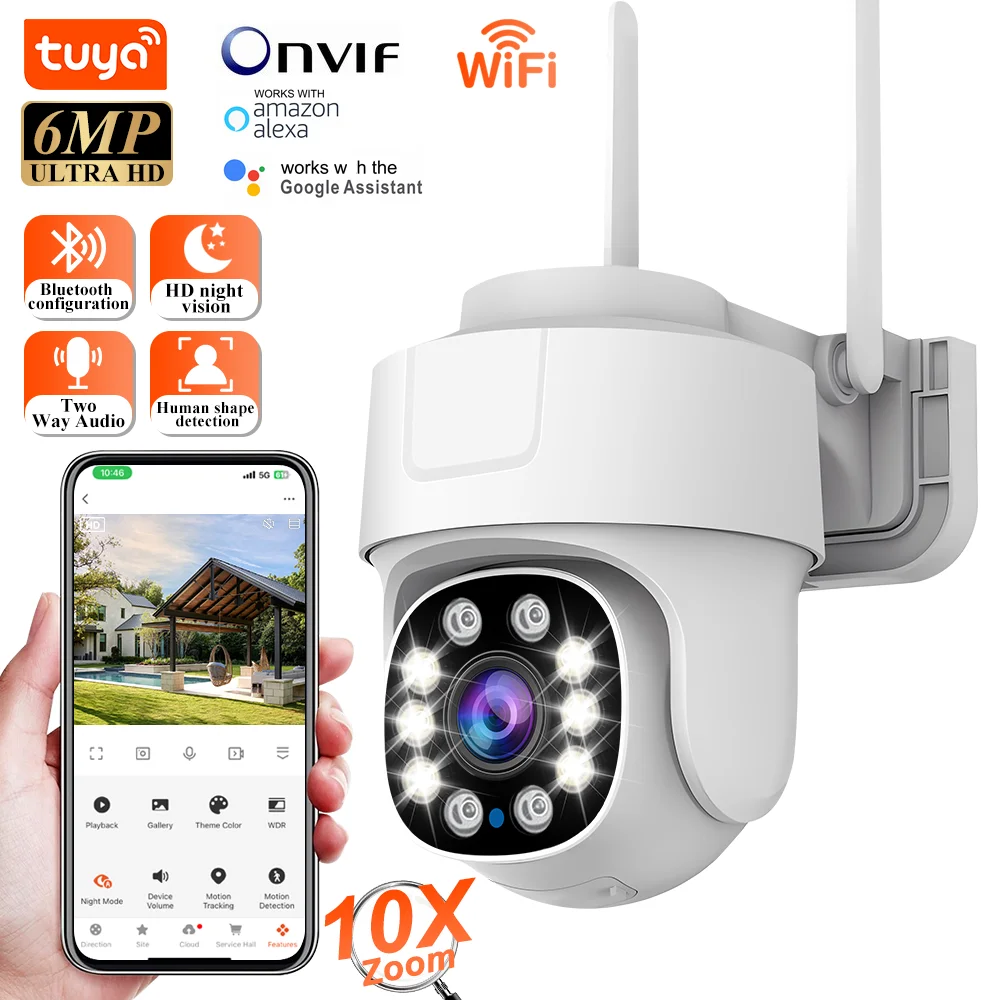 Tuya Smart Wifi PTZ Camera Outdoor Waterproof Security Camera Full Color Night Vision Audio Surveillance Human Motion Detection