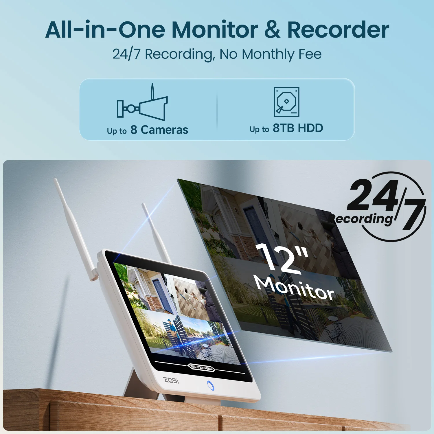 ZOSI 8CH 2K Wi-Fi 6 Security Camera System 12'' LCD Monitor 3MP Plug-in WiFi Surveillance Cams Indoor Outdoor for Home Security - Image 4