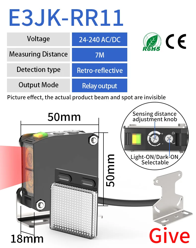 GTRIC Photoelectric Sensor E3JK-RR12 Retro-reflective 24-240V DC/AC Universal Relay Output Square Optical Photoelectric Switch - Image 7