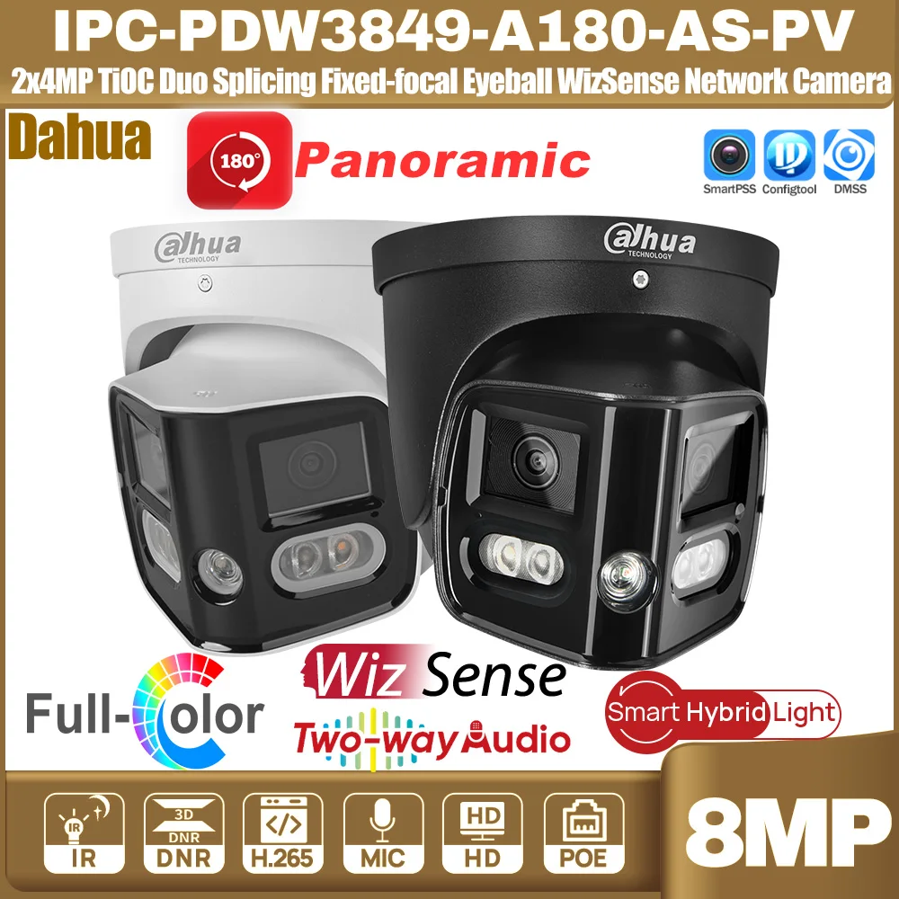Dahua IPC-PDW3849-A180-AS-PV 2x4MP 180° TiOC Duo Splicing Fixed-focal Eyeball WizSense Network Camera Sound&Light Two-way-Audio