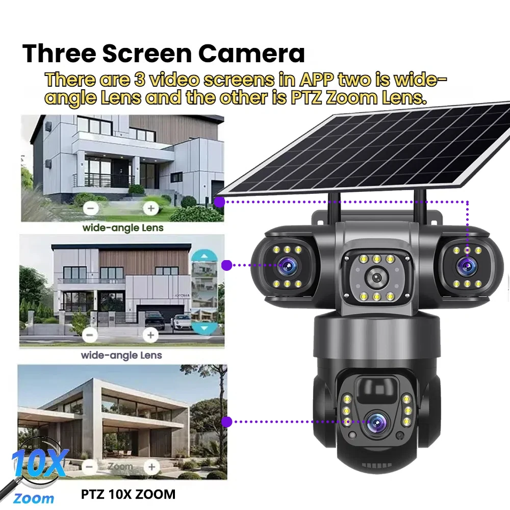 Solar Camera 4G Sim Outdoor 3 Lens 3 Screen 10X Zoom PIR Human Detect Cameras Waterproof Night Vision CCTV Security Protection - Image 2