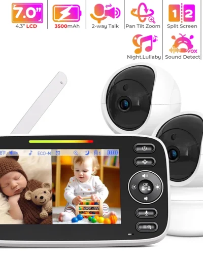 Baby Monitor with 2 Cameras, Split-Screen Video with Audio and Camera - Night Vision, Two-Way Talk