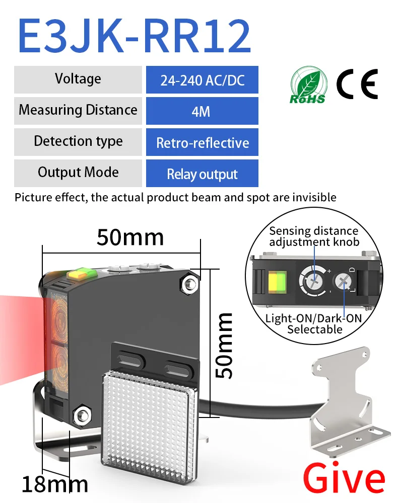 GTRIC Photoelectric Sensor E3JK-RR12 Retro-reflective 24-240V DC/AC Universal Relay Output Square Optical Photoelectric Switch - Image 8