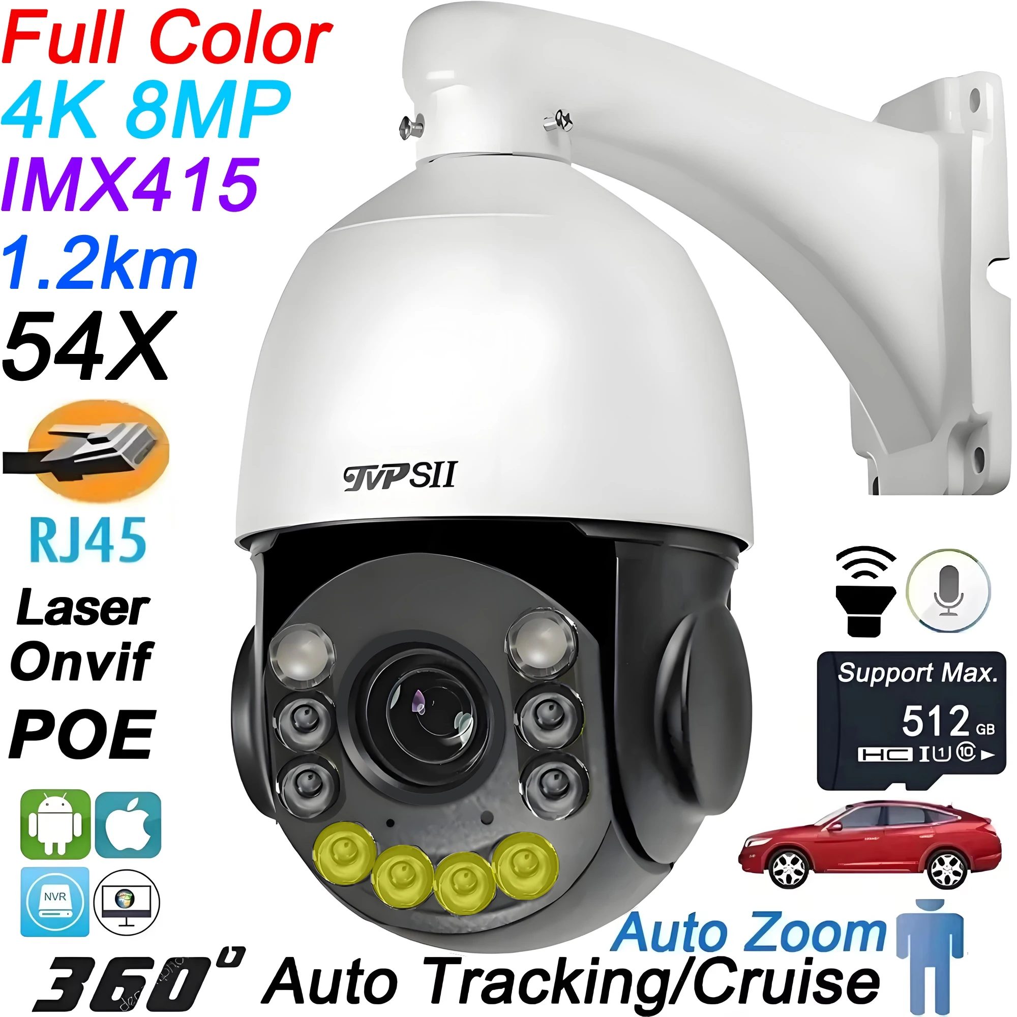 Onvif Metal Laser Infrared Full Color Auto Tracking Cruise 8MP 4K 54X Optics Zoom 360° POE PTZ Speed Dome Surveillance IP Camera