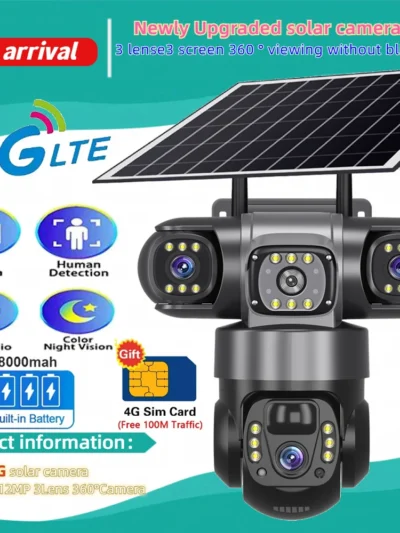 Solar Camera 4G Sim Outdoor 3 Lens 3 Screen 10X Zoom PIR Human Detect Cameras Waterproof Night Vision CCTV Security Protection