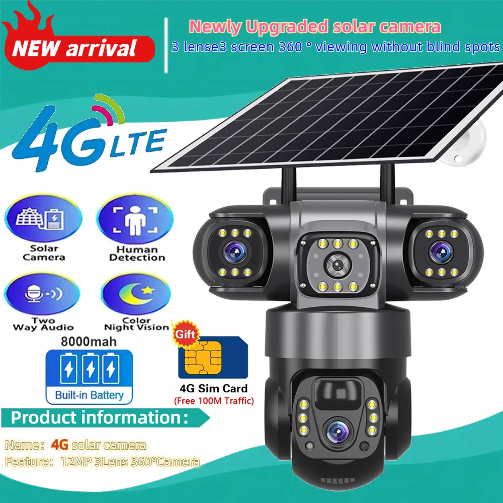Solar Camera 4G Sim Outdoor 3 Lens 3 Screen 10X Zoom PIR Human Detect Cameras Waterproof Night Vision CCTV Security Protection