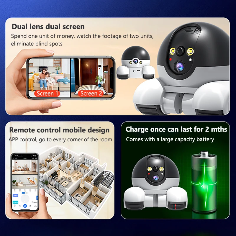 WIFI Dual Lens Robot Camera Dual Screen Monitoring 1080P HD PTZ IP Security Surveillance Camera Auto Tracking Baby Pets Monitor - Image 3