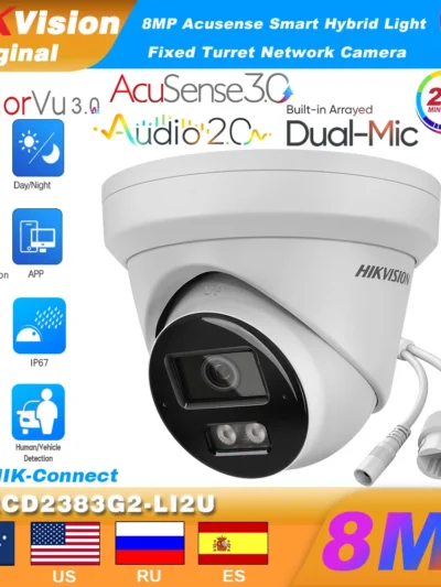 Hikvision 4K 8MP POE Acusense Smart Hybrid Light Fixed Turret Network IP Camera DS-2CD2383G2-LI2U Built-in Dual-MIC Surveillance