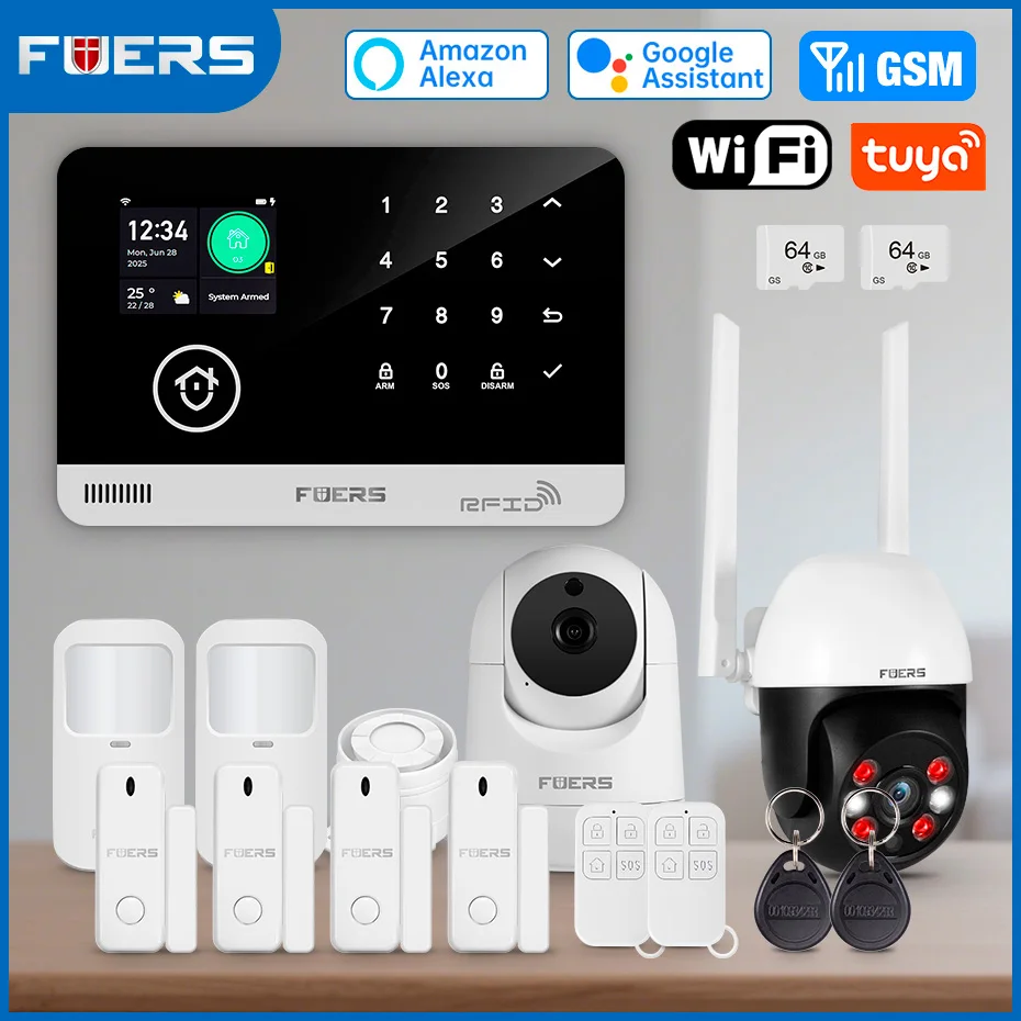 FUERS Alarm System for Home WIFI GSM Security Alarm Host Ant-theft with Door Motion Sensor Tuya Smart App control work Alexa