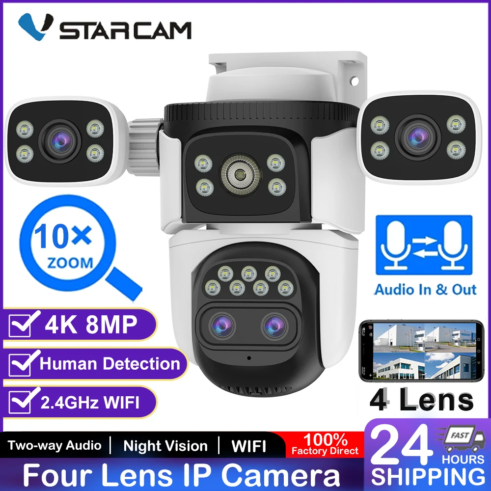 Vstarcam 4K 8MP IP Camera Four Lens Security Outdoor WIFI Smart Tracking Cam Video Surveillance 10X Zoom IP66 Waterproof Camera