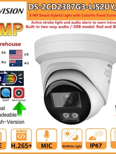 Hikvision 8MP IP Camera DS-2CD2387G3-LIS2UY/SRB Smart Hybrid Light ColorVu 2-Way Audio Turret Camera Red Blue Light Audio Alarm