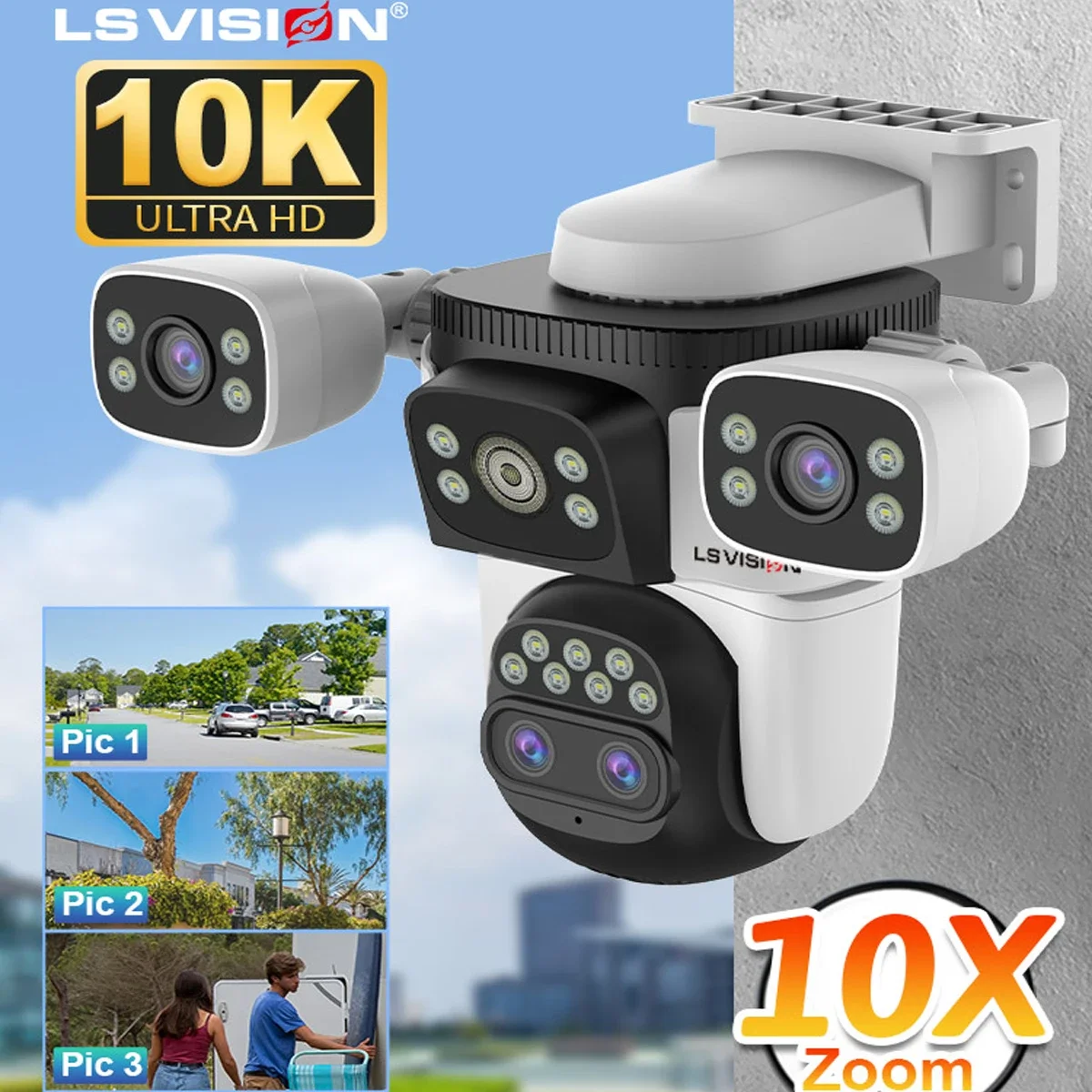 LS VISION 3 Screens 20MP Home Surveillance Camera Outdoor Wifi IP PTZ 10X Zoom Auto Tracking Security CCTV System IP66
