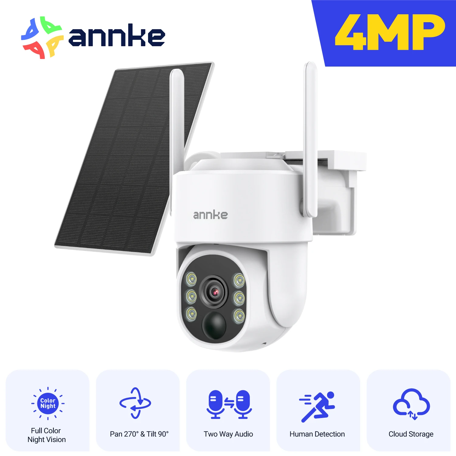 ANNKE 4MP Solar Battery Powered Wireless Security Camera 4MP Color Night Vision 2.4Ghz WiFi PIR Motion Outdoor IP Camera