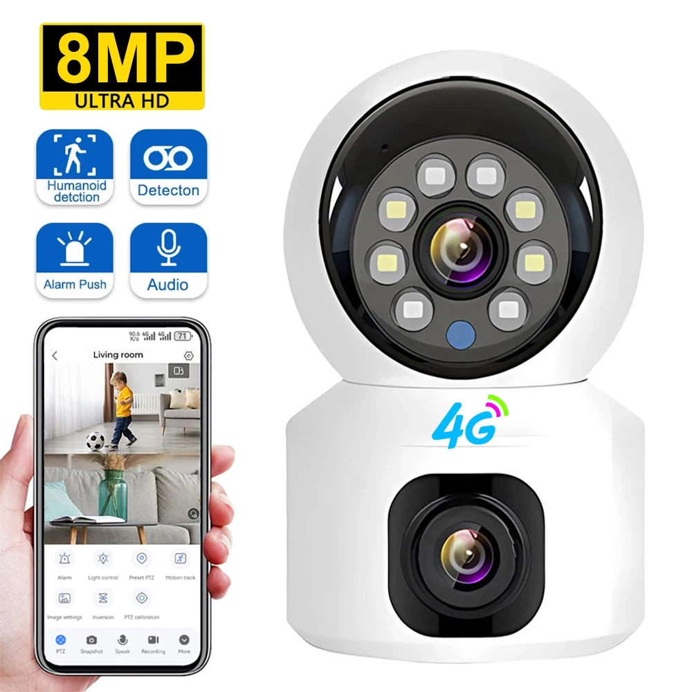 4G SIM IP Camera Wireless Dual Lens Night Vision Indoor Baby Monitor Human Detect Two Way Video Camara CCTV Security Protection