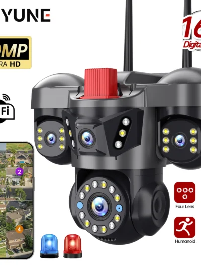 10K 20MP Home Security Outdoor WiFi Camera 4 Lens 4 Screen 360° 16X Zoom CCTV Wireless Surveillance PTZ Cam Security Protection