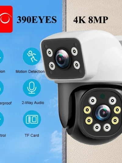 390EYES APP 4K 8MP Dual Lens Dual Screen WIFI PTZ 4MP Wireless Security Camera Outdoor IP66 Auto Tracking Surveillance Cameras