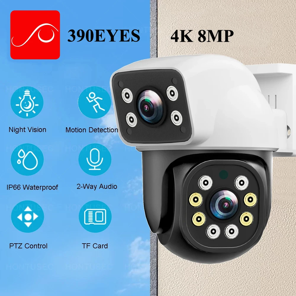 390EYES APP 4K 8MP Dual Lens Dual Screen WIFI PTZ 4MP Wireless Security Camera Outdoor IP66 Auto Tracking Surveillance Cameras