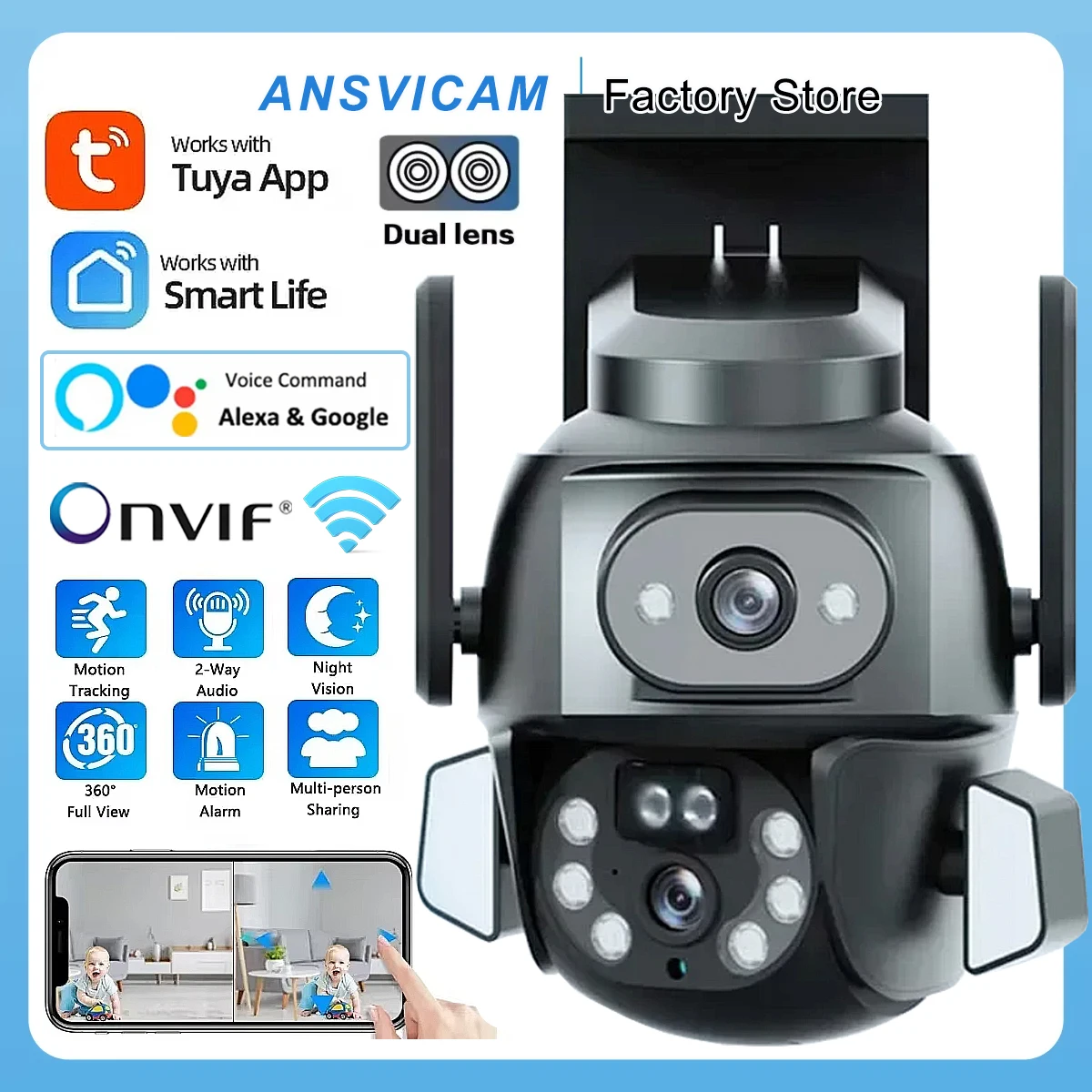 ANSVICAM 4K 8MP WIFI Security Camera with TUYA APP, Dual Screen, AI Auto - Tracking Smart Life for CCTV Video Camera