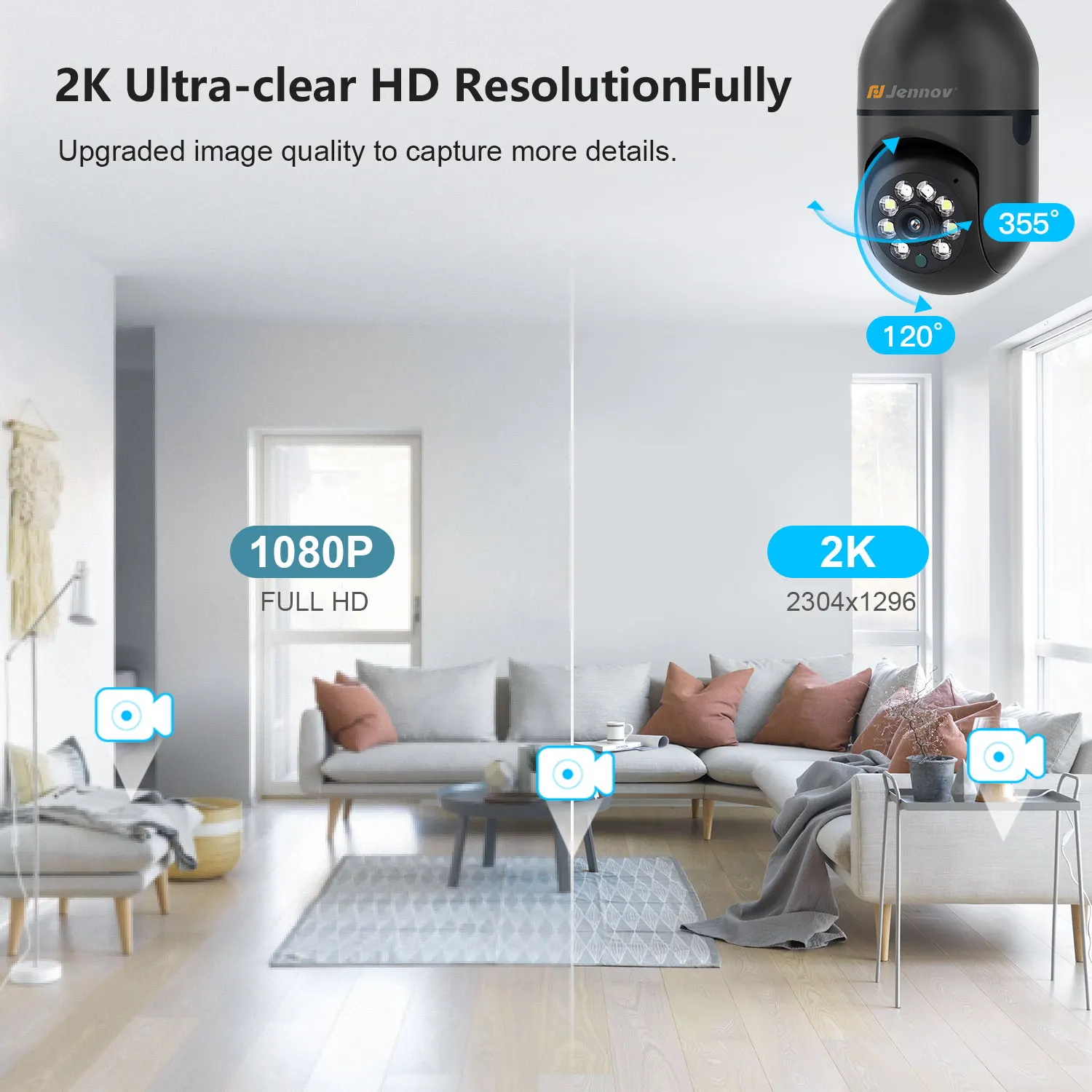 Jennov 2Pcs 2K WiFi Light Bulb Security Camera Wireless Outdoor - Cameras for Home Security Outside, Light Socket Indoor Camera - Image 4