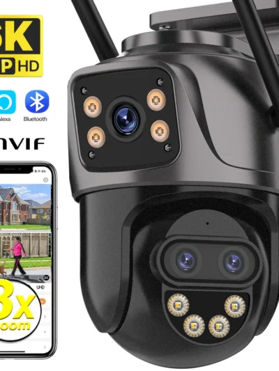 IP Camera 6K 9MP HD WiFi Outdoor Camera 8x Zoom Three Lens Dual Screen Home Security PTZ Camera 6MP Video Surveillance iCSee