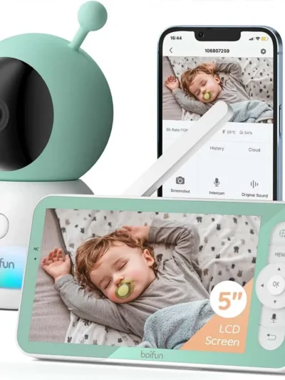 BOIFUN 2K 5" Baby Monitor Camera,  360° Rotation with Phone App, Colorful Night Lights,Motion Monitoring, Automatic Tracking