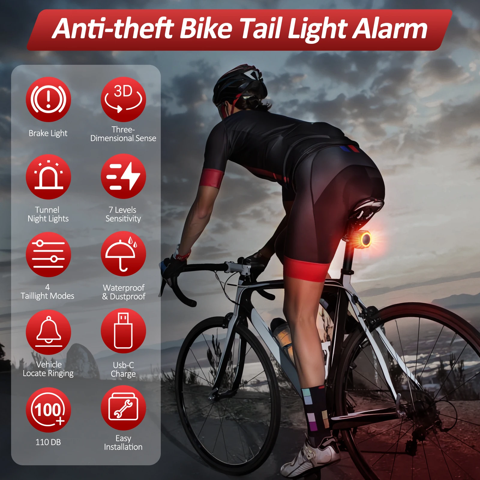 Elecpow Bicycle Burglar Alarm Taillight Waterproof Smart Auto Brake Sensing Tail Lamp Remote Control USB Charge Bike Rear Light - Image 2