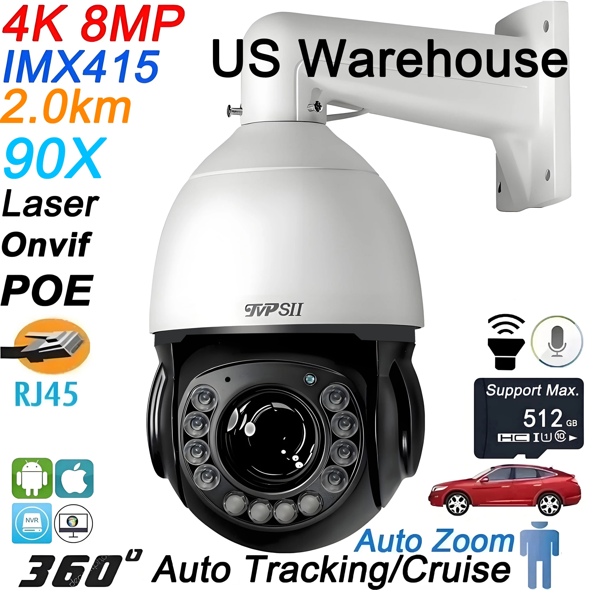 Metal Onvif Laser Infrared Auto Tracking Cruise 8MP 4K 90X Optical Zoom 360° Audio POE PTZ Surveillance Speed Dome IP Camera