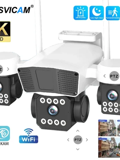 ANSVICAM 12MP 6K UHD WIFI Camera 3-PTZ Outdoor Cam Three Lenses Triple Screens Security Monitor Night Vision Waterproof CCTV