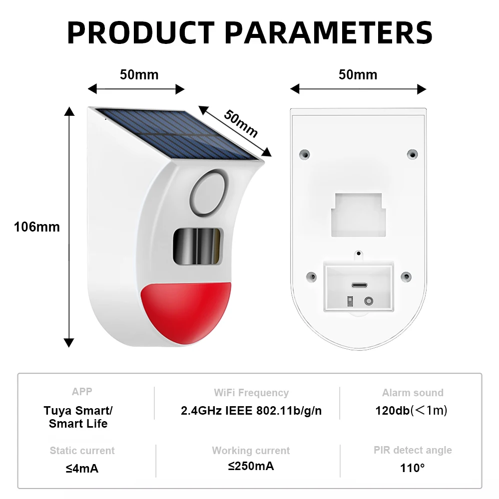 Solar PIR Sensor Alarm With Tuya APP WiFi Outdoor Wireless Siren Waterproof Burglar Security Strobe Siren App Remote Control - Image 6