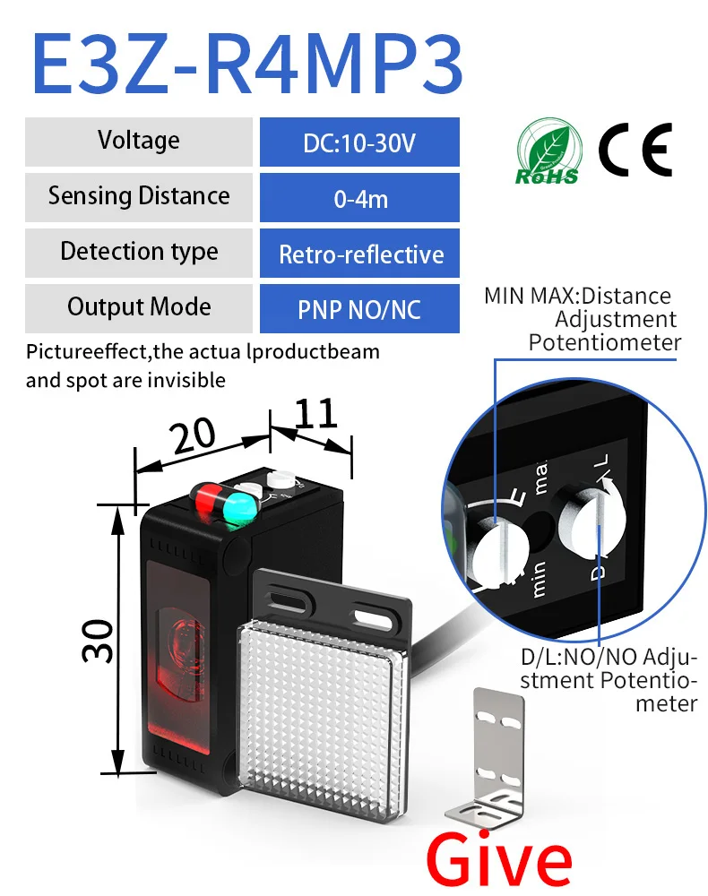 GTRIC E3Z-B61 Photoelectric Sensor Retro-reflective Sensing Distance 4M NPN PNP10-30VDC Square Photo Switch With Bracket - Image 8